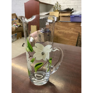 Hand Painted Tall Vintage Glass Pitcher Dogwood Unmarked